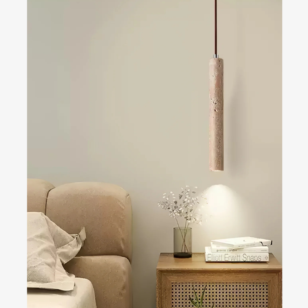 Natural Travertine Pendant Light with Integrated LED - Minimalist Japandi Stone