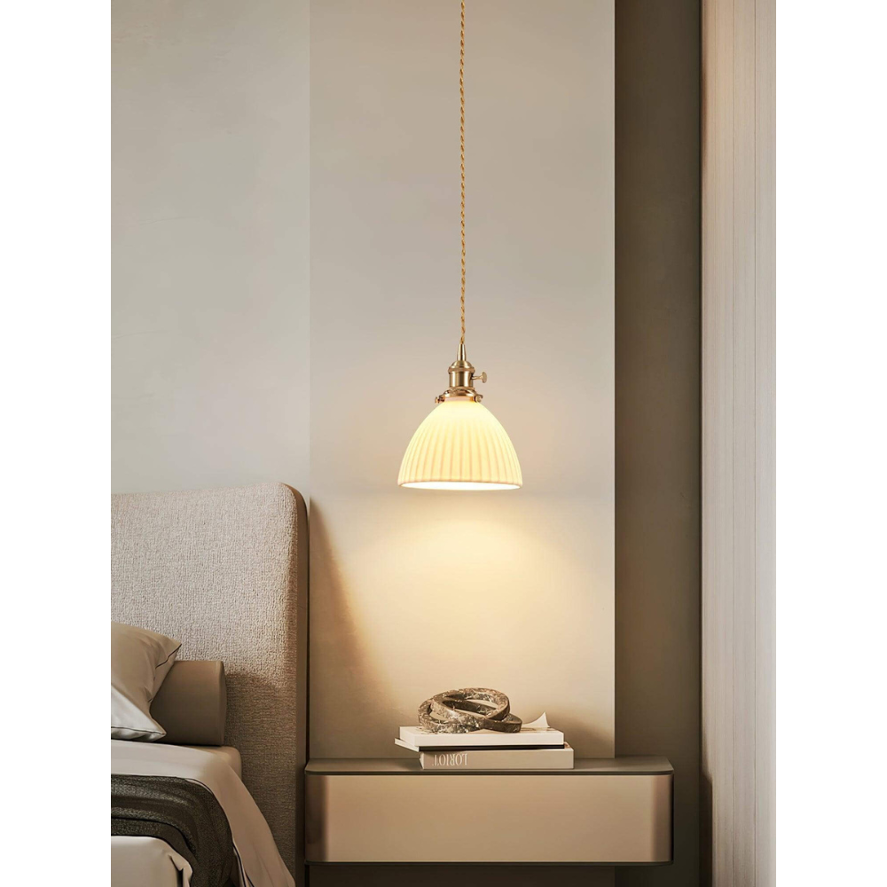 Ribbed Dome Hanging Lamp in White Ceramic - Scandinavian Style Decor