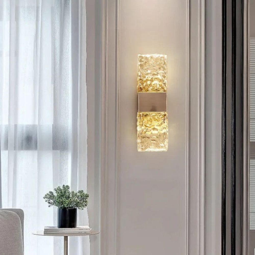 Art Deco Ripple Glass Wall Sconce - Dual Ice Crystal Block Light