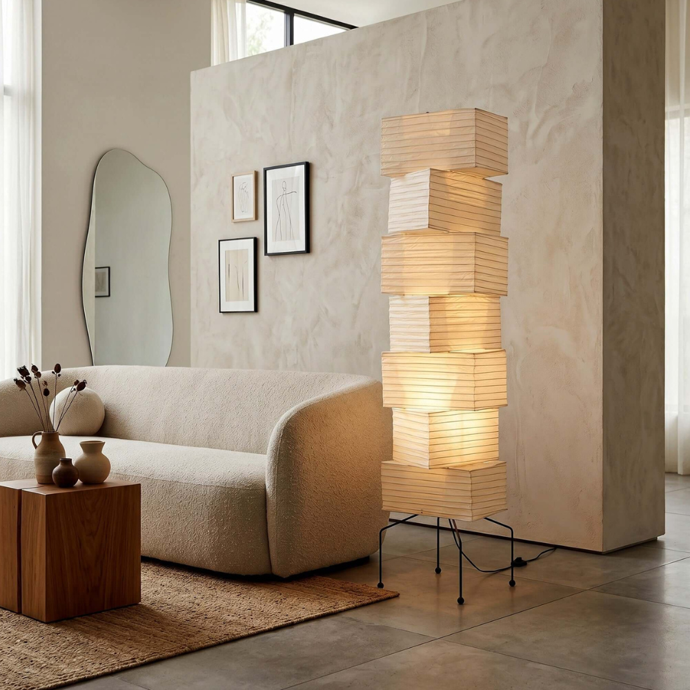 Floor Lamp with Stacked Staggered Rice Paper Lanterns and Metal Hairpin Legs