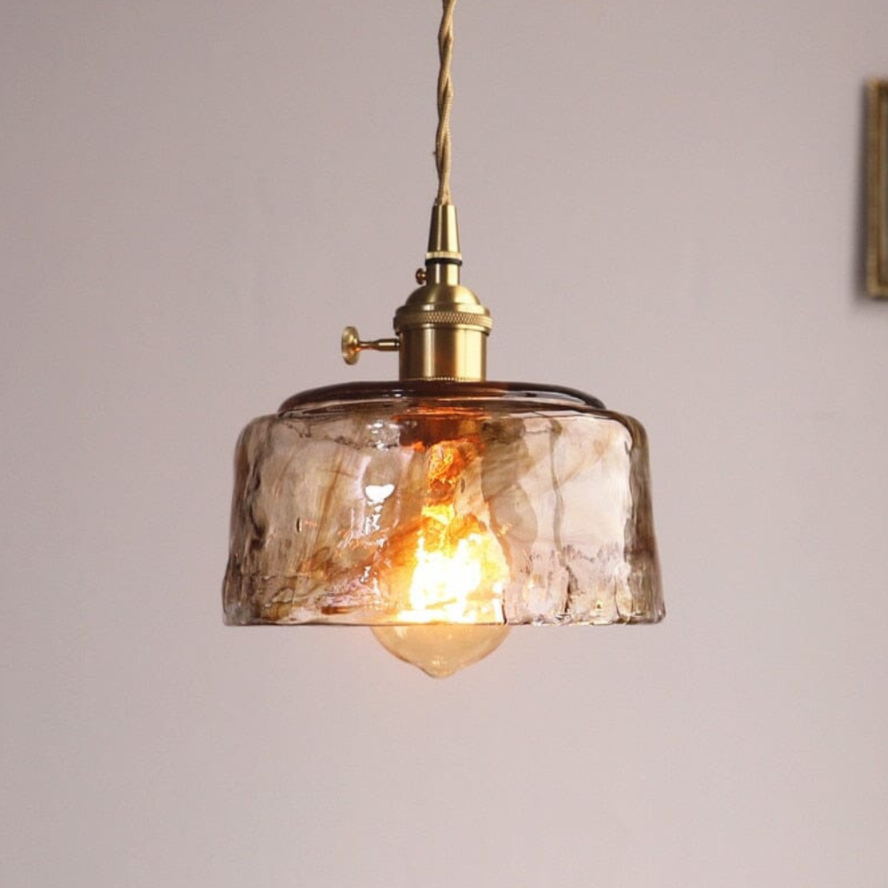 Hammered Glass Pendant Light with Rippled Texture - Vintage Brass Style