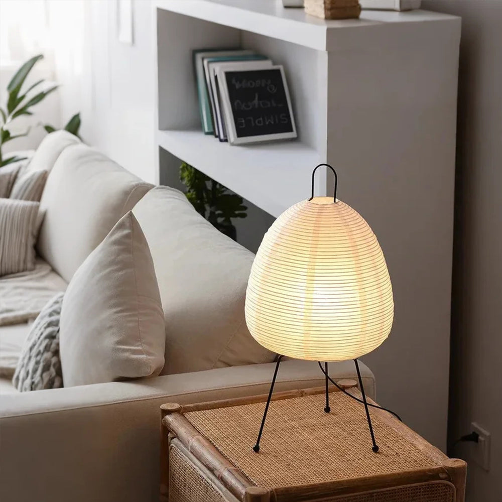Paper Lantern Table Lamp with Tripod Metal Base - Mid Century Japanese