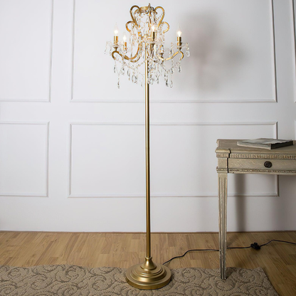 Dimmable Floor Lamp with Ornate Iron Scrollwork and Faceted Crystal Strands