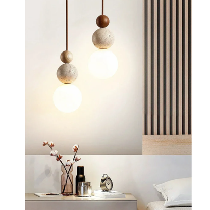Wabi-Sabi Stacked Sphere Pendant Light - Travertine Stone, Wood, and Glass