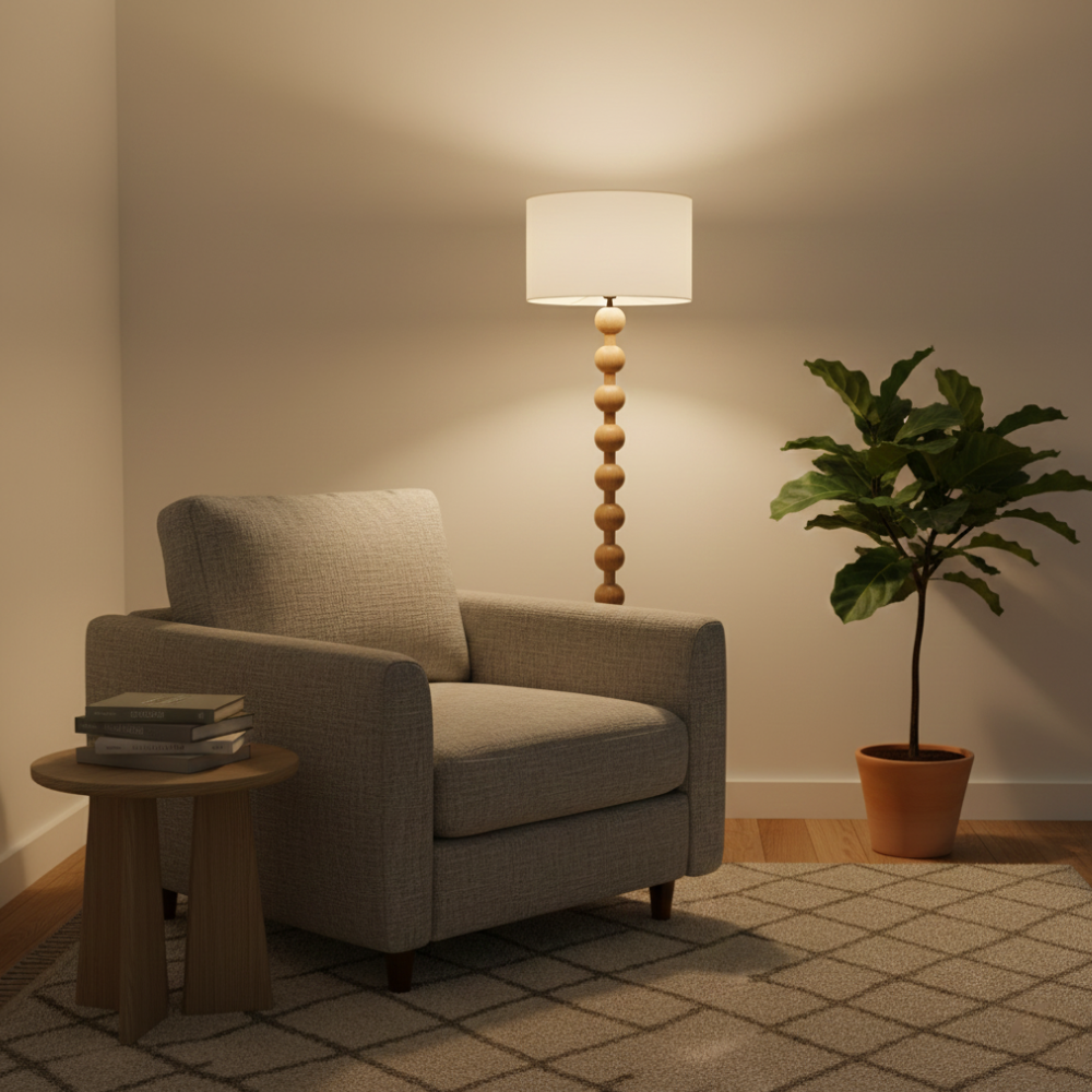 Floor Lamp with Stacked Wooden Spheres and Fabric Drum Shade