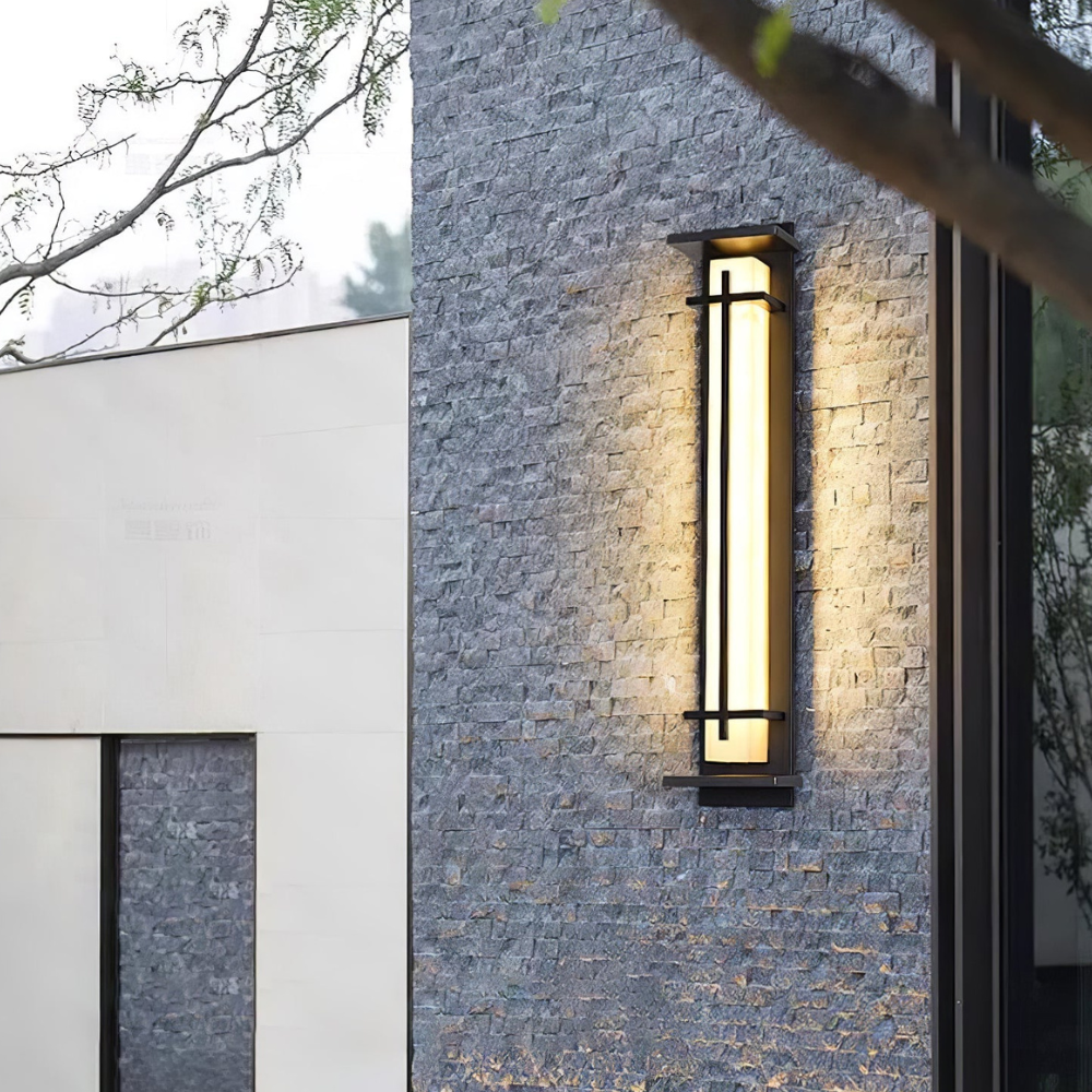 Outdoor LED Porch Lights with Faux Alabaster Column - Modern Mission