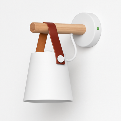 Nordic Leather Strap Wall Sconce with Wood Arm - Modern Conical Hanging Light