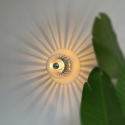 Modern Round Starburst Ribbed Glass Wall Sconce - Brass Art Deco Lamp