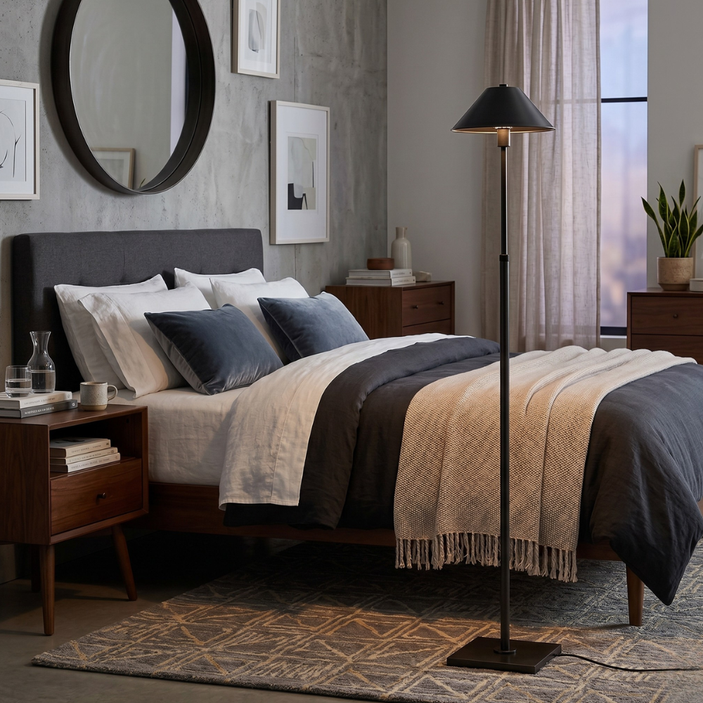 Adjustable floor lamp with Metal Slope Shade and Knurled Detailing - Architectural