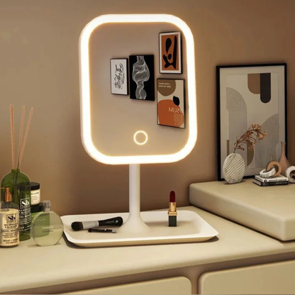 Rechargeable makeup mirror with Integrated Storage Tray - Modern Minimalist