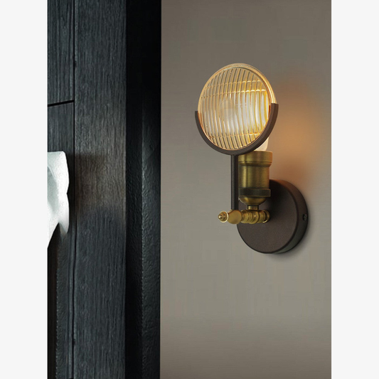 Industrial Wall Sconce with Fresnel Glass Lens - Vintage Ribbed Brass