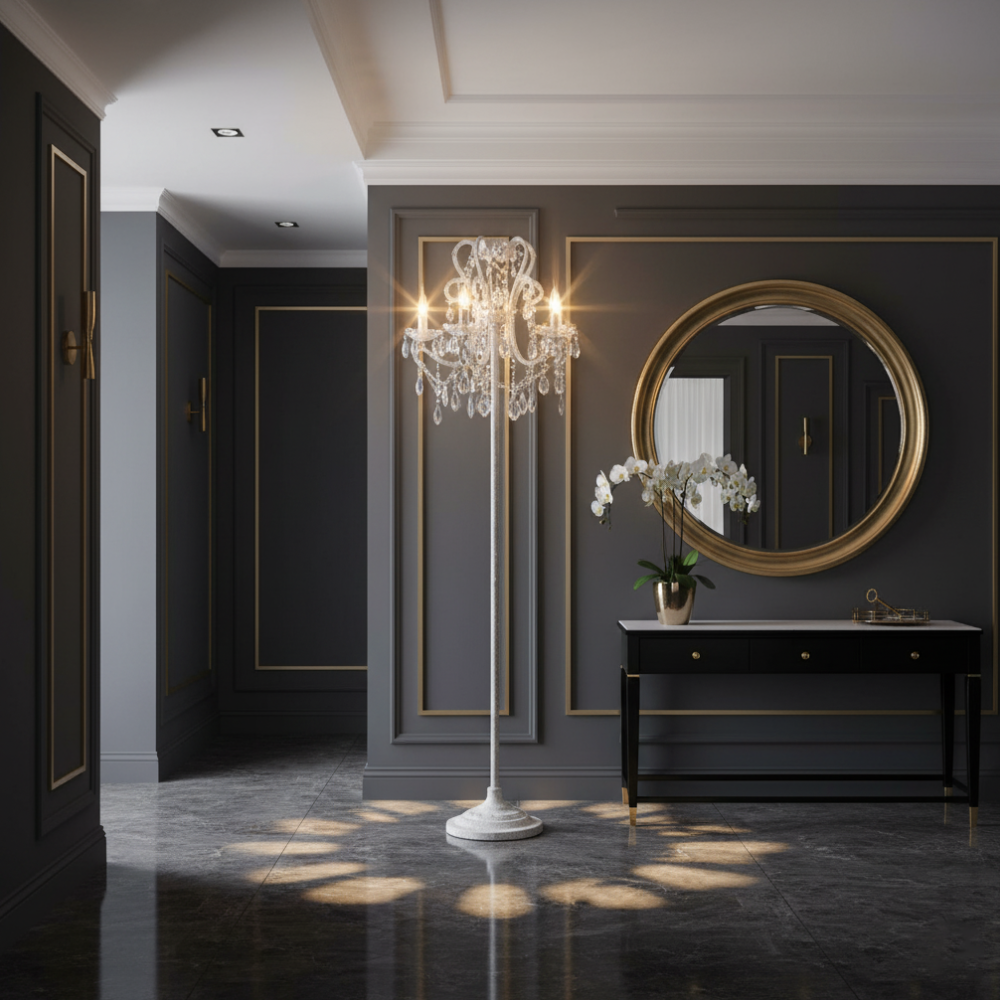 Dimmable Floor Lamp with Ornate Iron Scrollwork and Faceted Crystal Strands