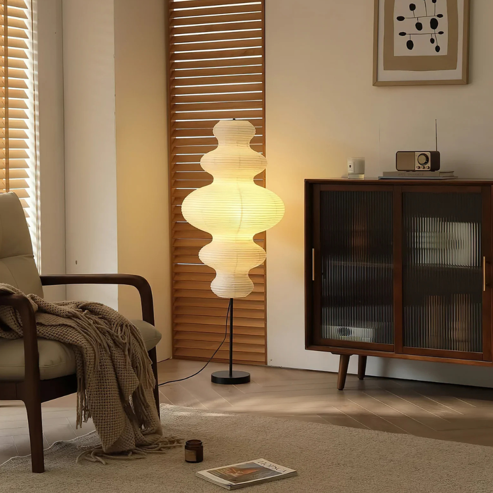Floor lamp with Tiered Gourd Paper Shade - Japandi Sculptural Style