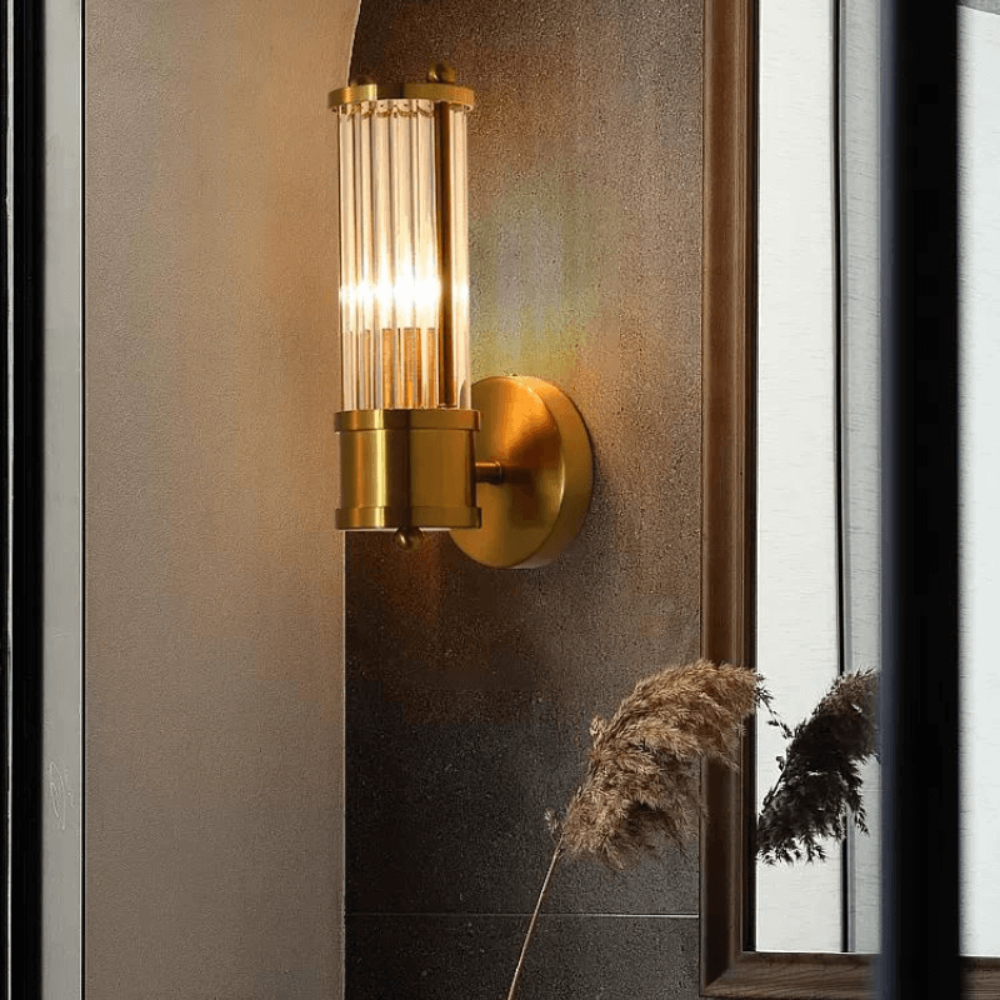 Wall Sconce with Fluted Glass Cylinders - Art Deco Mid Century Copper