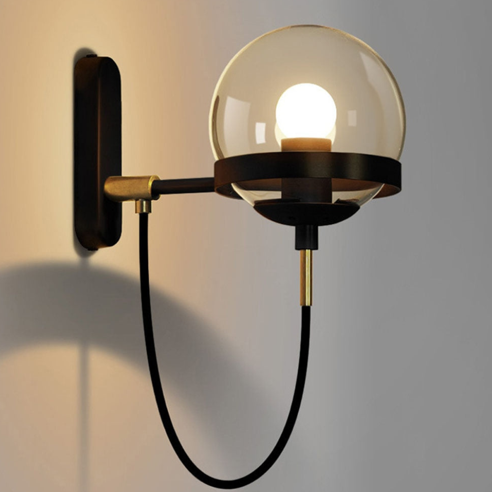 Mid-Century Glass Globe Wall Sconce - Industrial Orb Light with Curved Cord