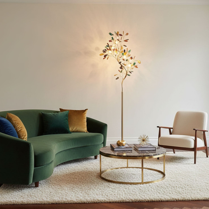 Floor Lamp with Natural Agate Stone Leaves and Metal Branching Frame