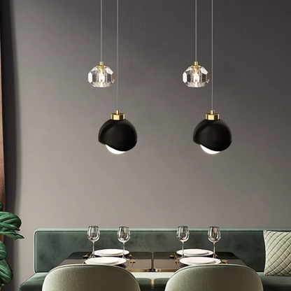 Dual Staggered Pendant Light with Crystal and Metal Orbs - Modern Nordic Art