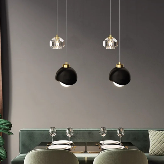 Dual Staggered Pendant Light with Crystal and Metal Orbs - Modern Nordic Art