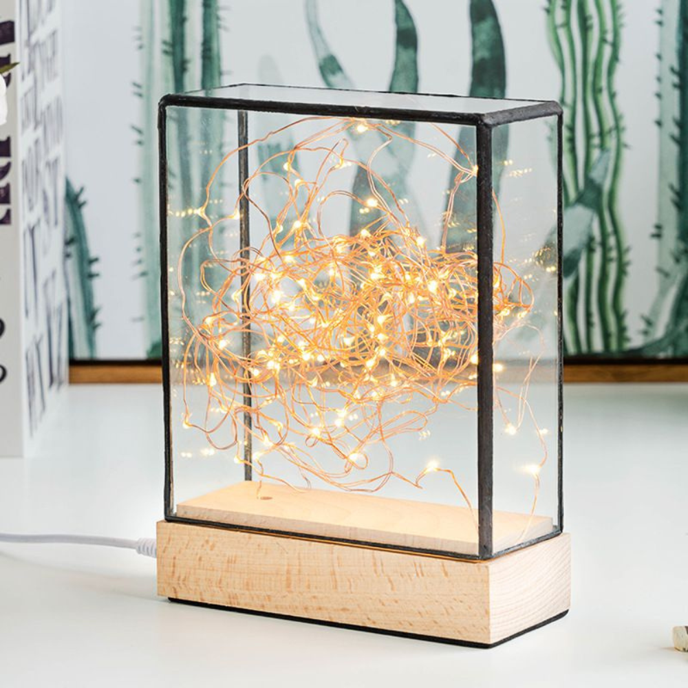 Minimalist LED Fairy Light Glass Box - Decorative Copper Wire Desk Lamp