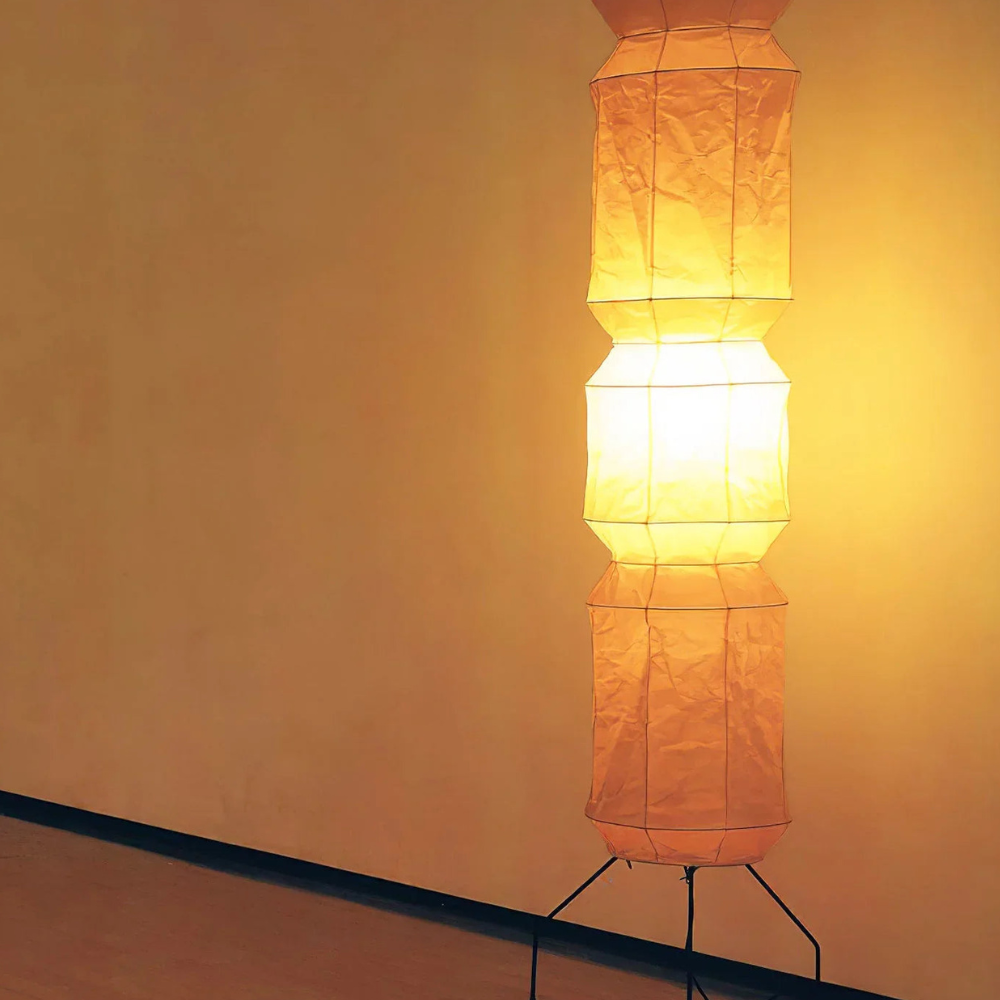 Floor Lamp with Stacked Mulberry Paper Lantern Column and Iron Wire Legs