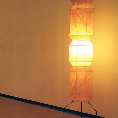 Floor Lamp with Stacked Mulberry Paper Lantern Column and Iron Wire Legs