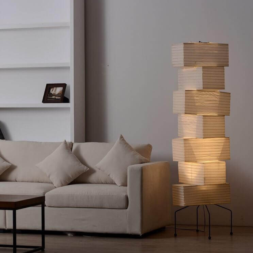 Floor Lamp with Stacked Staggered Rice Paper Lanterns and Metal Hairpin Legs