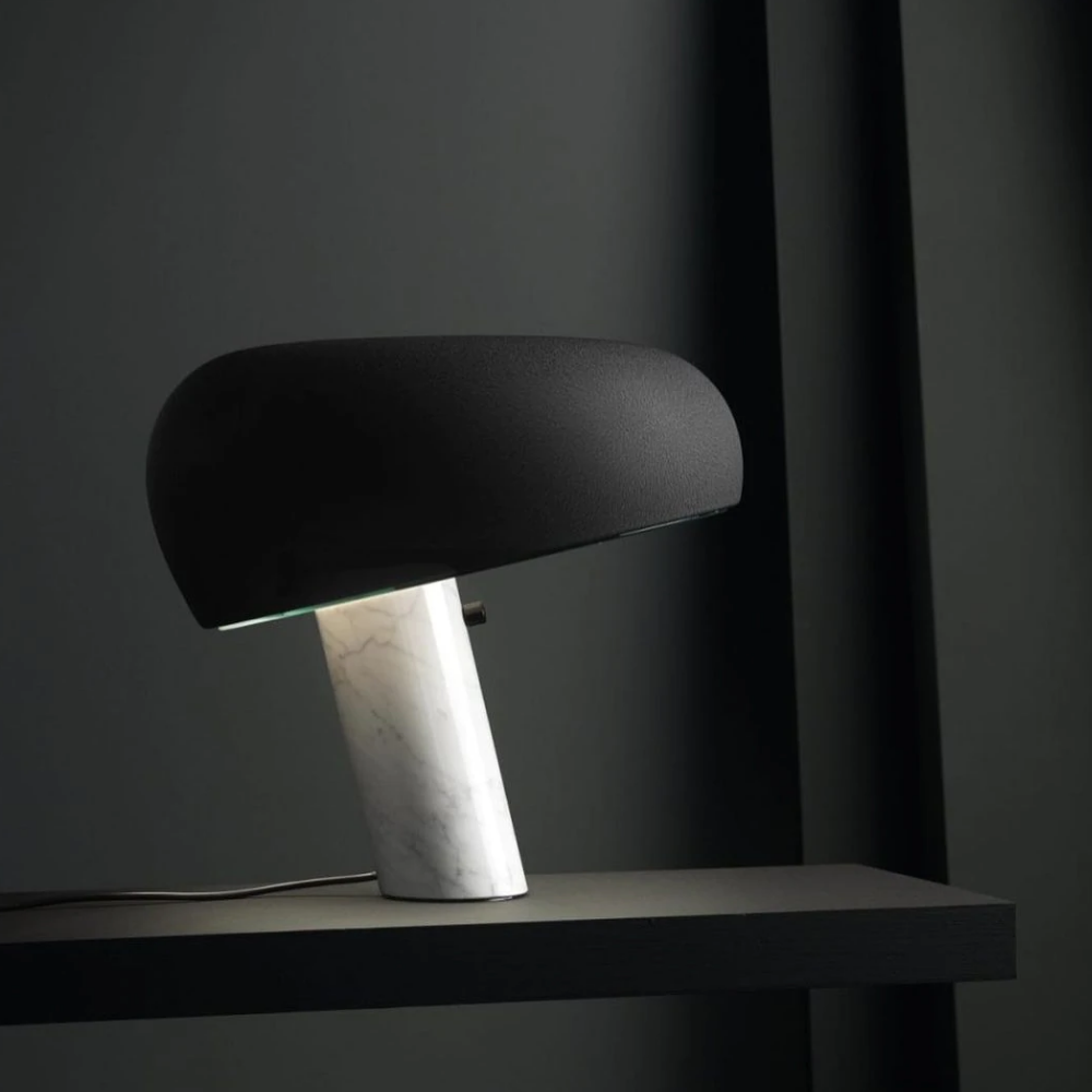 Architectural Marble Base Accent Lamp - Minimalist Glossy Stone Pedestal Light