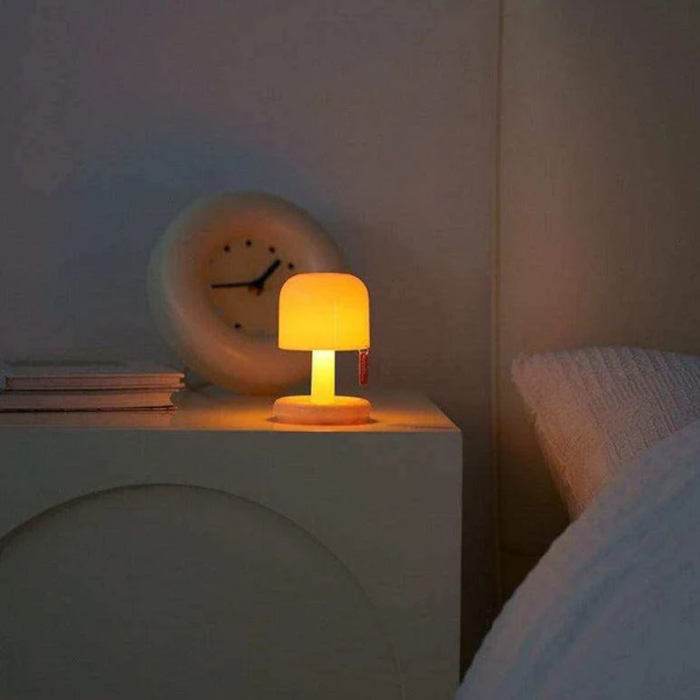 Mushroom Table Lamp with Orange Dome Shade - Modern Mid Century