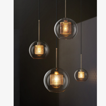 Modern Perforated Metal Glass Pendant - Industrial Layered Mesh Hanging Lamp