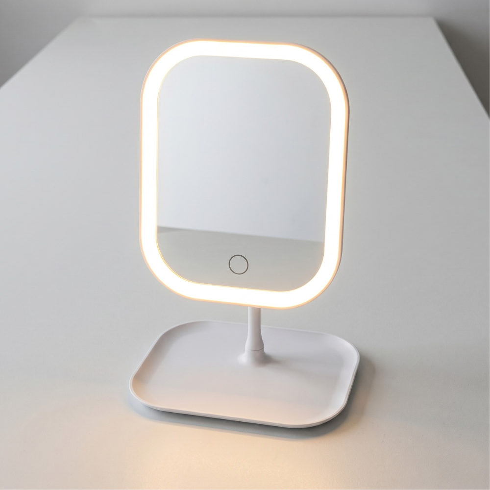 Rechargeable makeup mirror with Integrated Storage Tray - Modern Minimalist