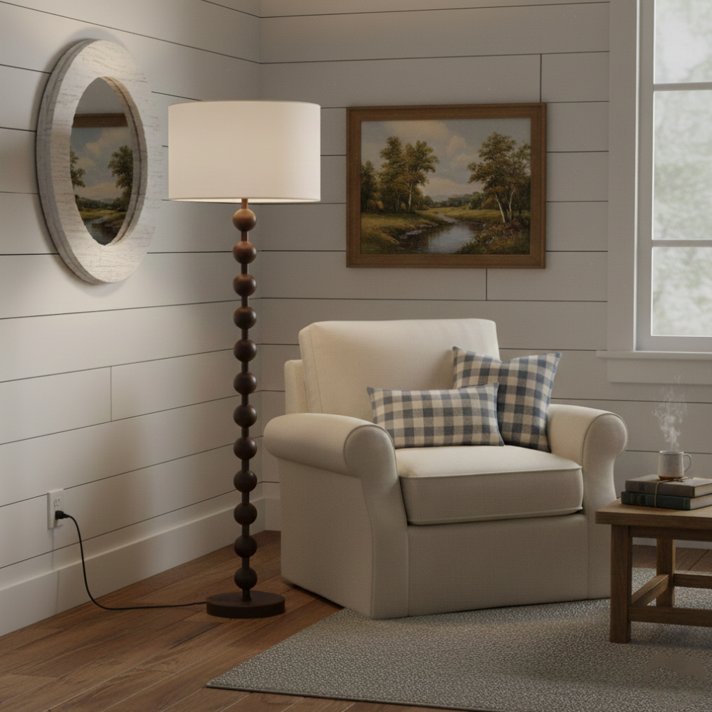 Floor Lamp with Stacked Wooden Spheres and Fabric Drum Shade