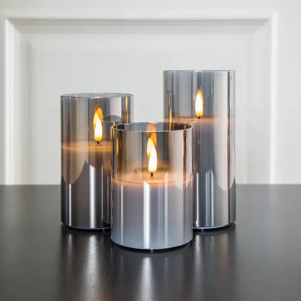 Battery Operated Moving Wick Candles - Minimalist Smoky Glass Set of 3