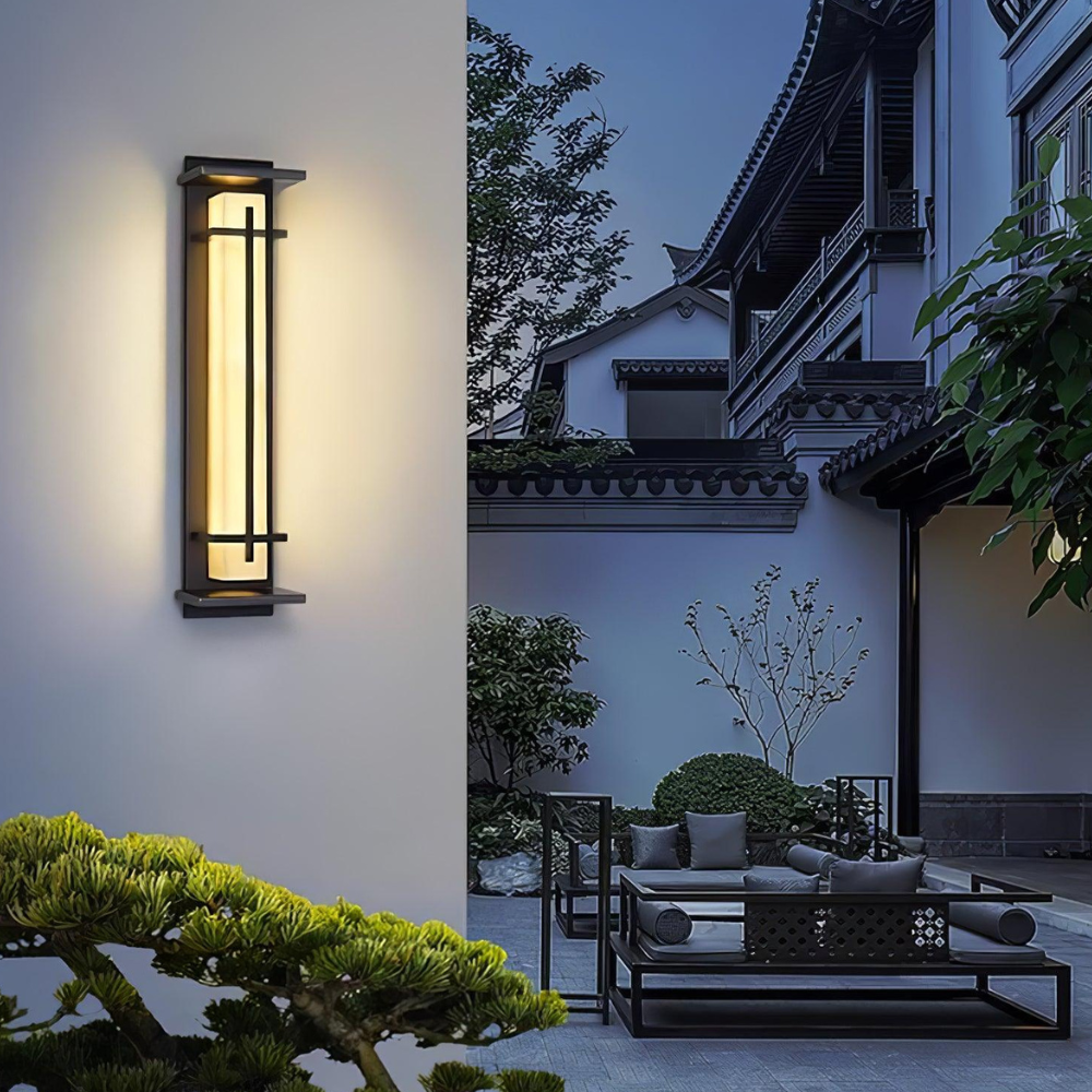 Outdoor LED Porch Lights with Faux Alabaster Column - Modern Mission
