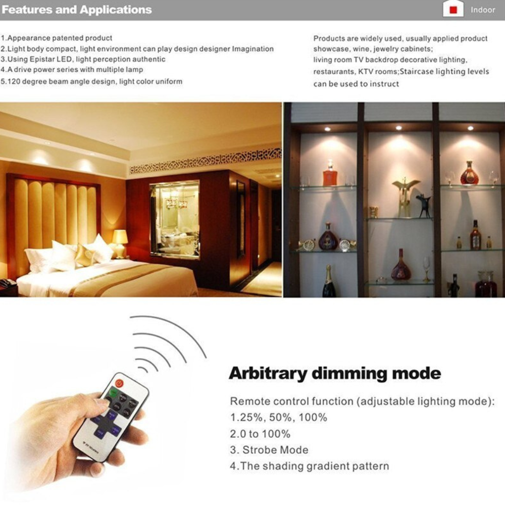 LED Puck Lights with Wireless Remote and Dimmer - 120 Degree Wide Beam