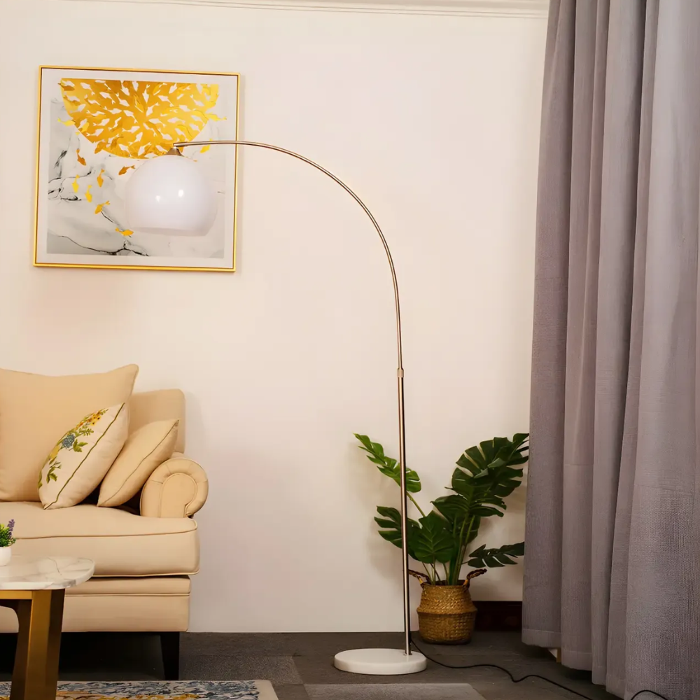 Adjustable Floor Lamp with Marble Base and Glass Dome - Mid Century Arc