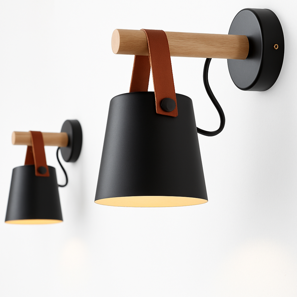 Nordic Leather Strap Wall Sconce with Wood Arm - Modern Conical Hanging Light