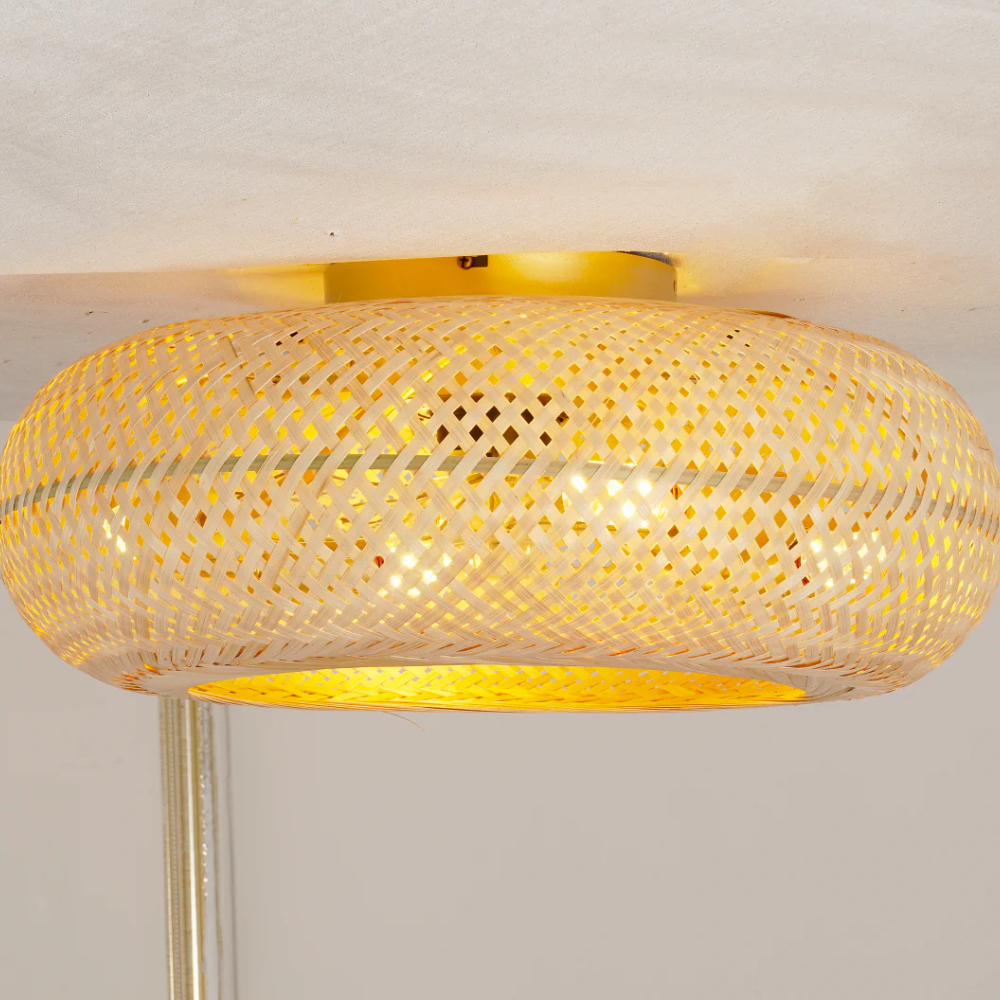 Flush Mount Ceiling Fan Light Woven Bamboo Shade - Coastal Boho Decor