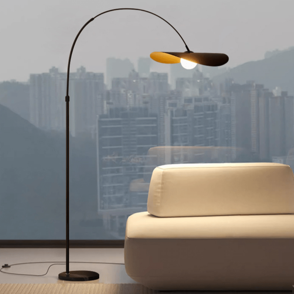 Arc Floor Lamp with Wavy Petal Shade and Iron Frame - Wabi Sabi Style