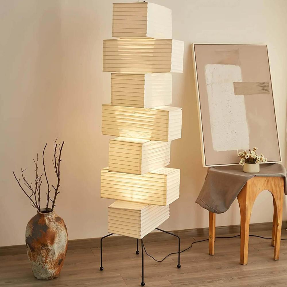 Floor Lamp with Stacked Staggered Rice Paper Lanterns and Metal Hairpin Legs