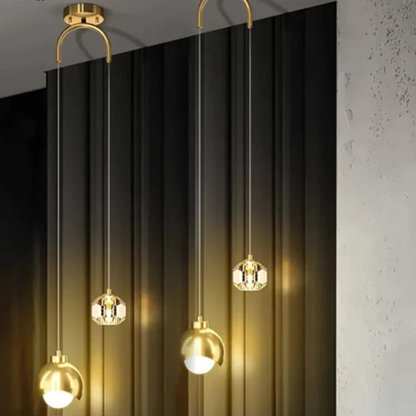 Dual Staggered Pendant Light with Crystal and Metal Orbs - Modern Nordic Art