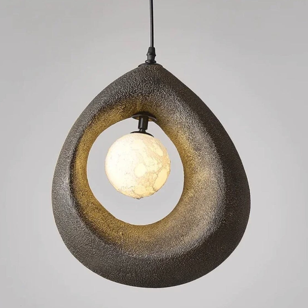 Hollow Stone-Style Hanging Lamp with Glowing Orb - Nordic Earthy Decor
