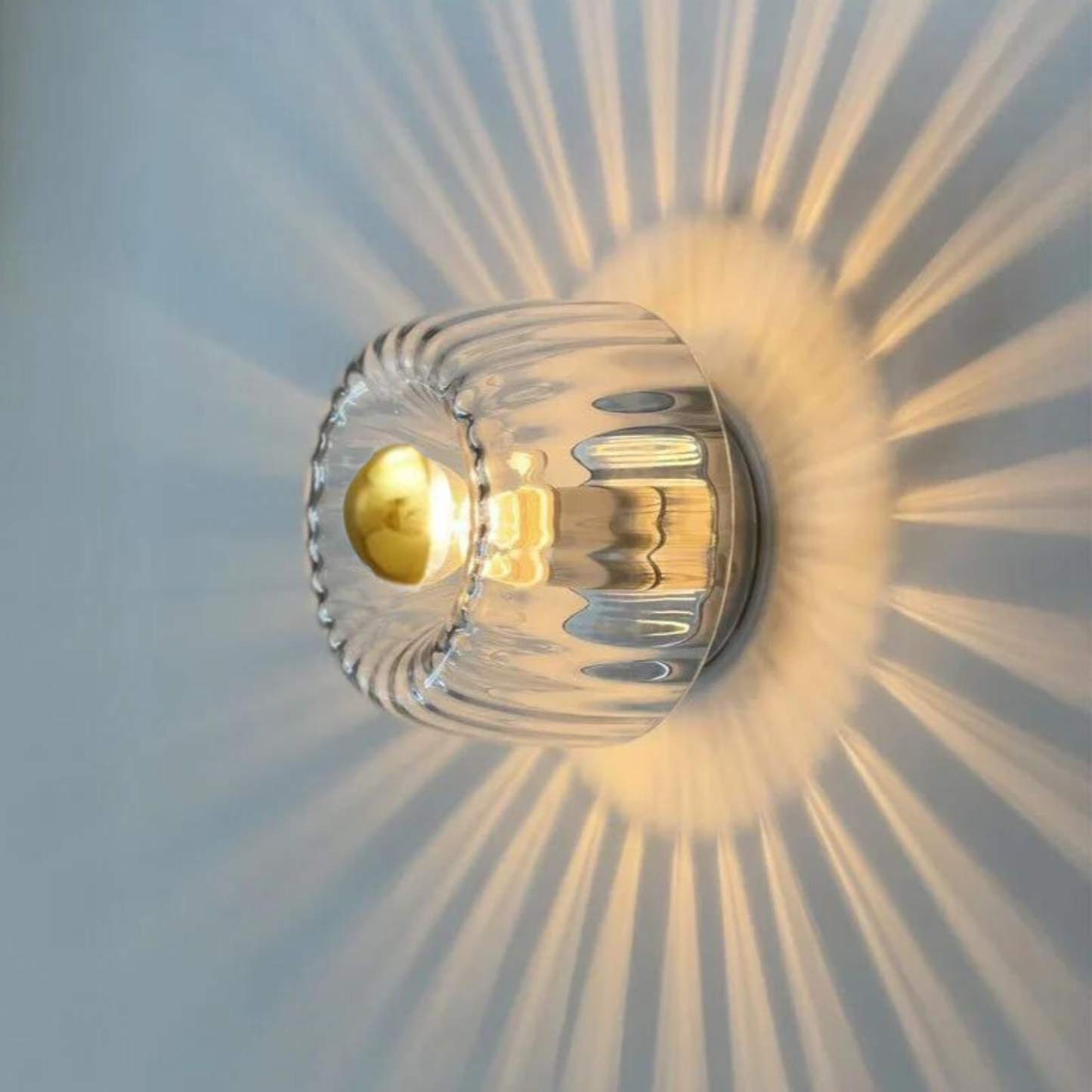 Modern Round Starburst Ribbed Glass Wall Sconce - Brass Art Deco Lamp