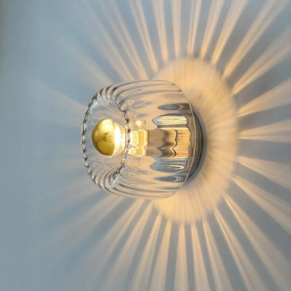 Modern Round Starburst Ribbed Glass Wall Sconce - Brass Art Deco Lamp