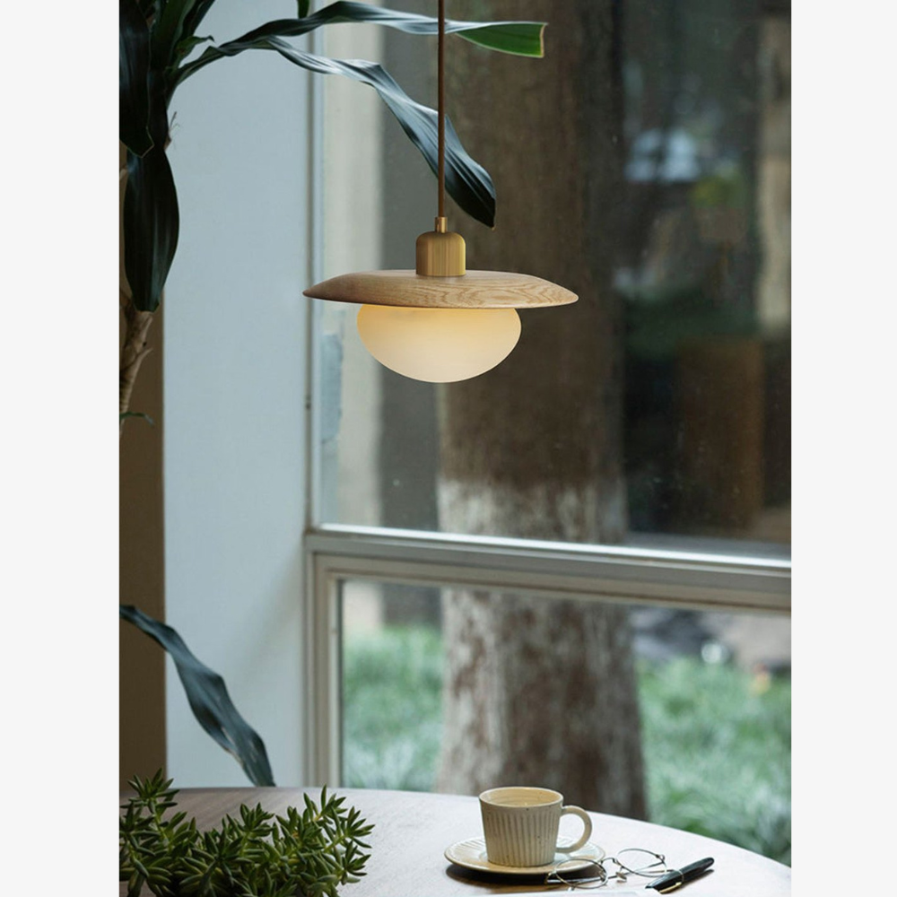 Modern Pebble Glass & Timber Pendant Light - Japandi Disk Pendant Lights