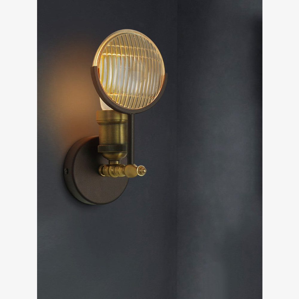 Industrial Wall Sconce with Fresnel Glass Lens - Vintage Ribbed Brass