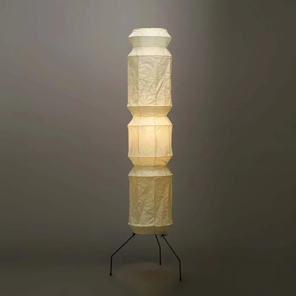 Floor Lamp with Stacked Mulberry Paper Lantern Column and Iron Wire Legs