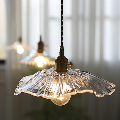Ribbed Glass Flower Petal Pendant Light with Copper Hardware – Vintage Mid Century Style