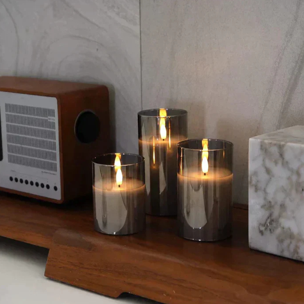 Battery Operated Moving Wick Candles - Minimalist Smoky Glass Set of 3