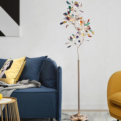 Floor Lamp with Natural Agate Stone Leaves and Metal Branching Frame