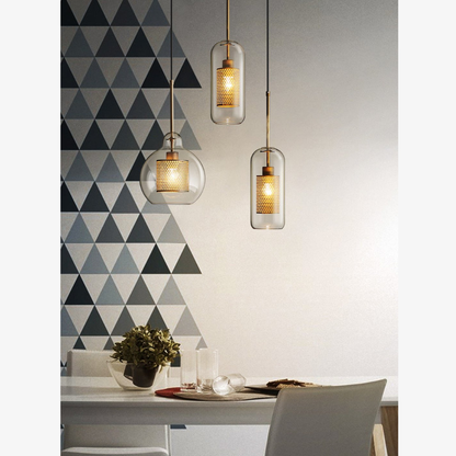 Modern Perforated Metal Glass Pendant - Industrial Layered Mesh Hanging Lamp